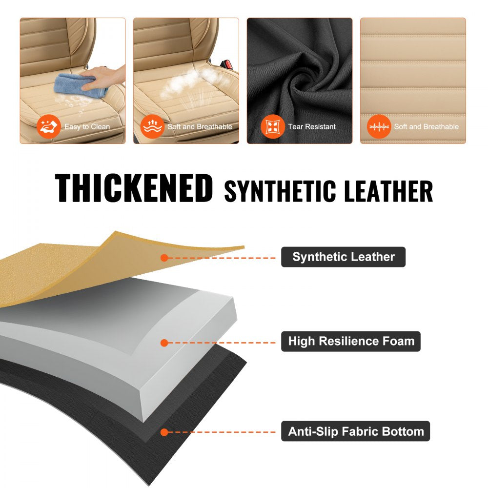 Seat Covers, Universal Car Seat Covers Front Seats, 2pcs Faux Leather Seat Cover, Semi-enclosed Design, Detachable Headrest and Airbag Compatible, for Most Cars SUVs and Trucks Beige