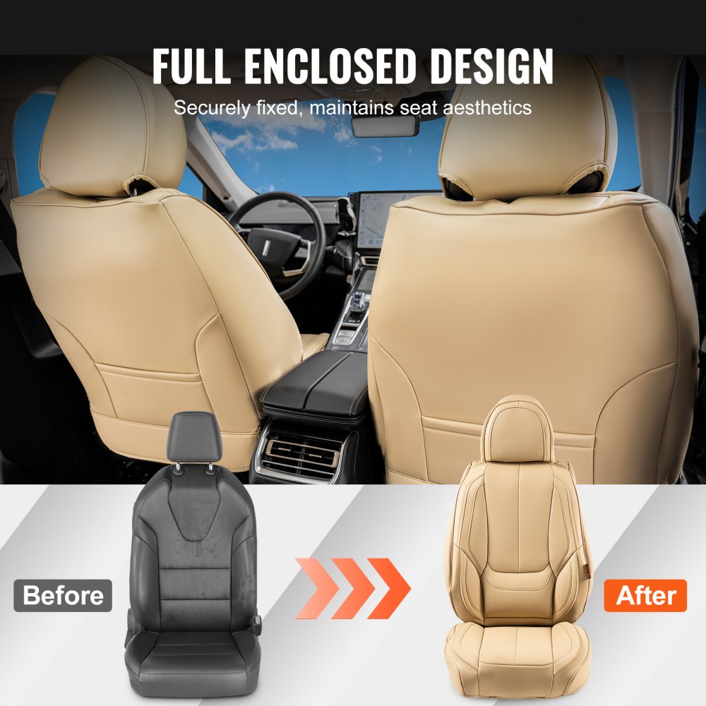 Seat Covers, Universal Car Seat Covers Front Seats, 6pcs Faux Leather Seat Cover, Full Enclosed Design, Detachable Headrest and Airbag Compatible, for Most Cars SUVs and Trucks Beige