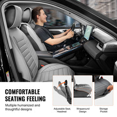 Seat Covers, Universal Car Seat Covers Front Seats, 2pcs Faux Leather Seat Cover, Semi-enclosed Design, Detachable Headrest and Airbag Compatible, for Most Cars SUVs and Trucks Gray
