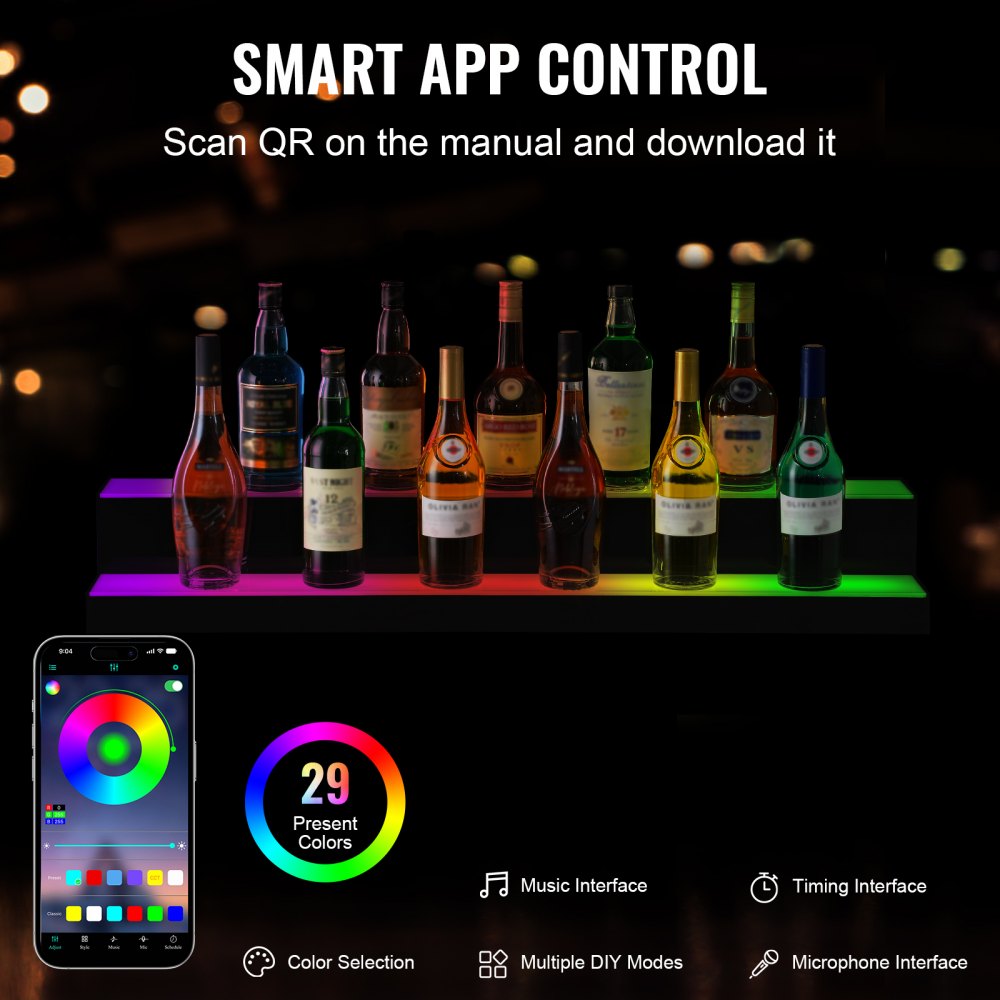 LED Lighted Liquor Bottle Display Bar Shelf RF & App Control 40" 2-Step