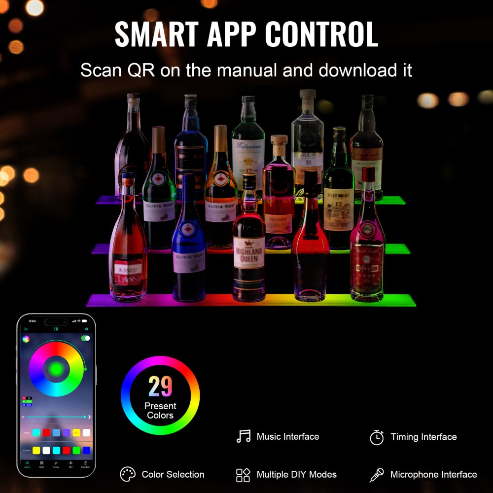 LED Lighted Liquor Bottle Display Bar Shelf RF & App Control 30" 3-Step