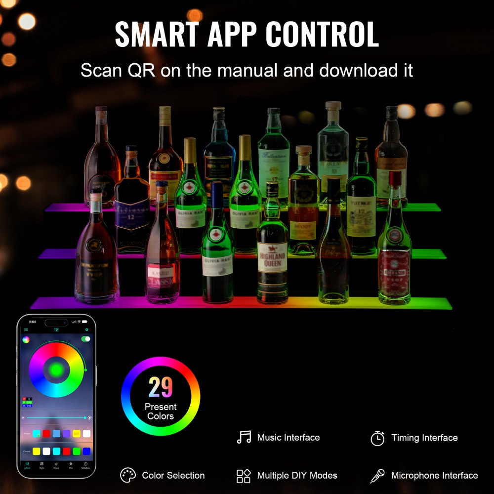 LED Lighted Liquor Bottle Display, 3 Tiers 40 Inches, Illuminated Home Bar Shelf with RF Remote & App Control 7 Static Colors 1-4 H Timing, Acrylic Drinks Lighting Shelf for Holding 30 Bottles