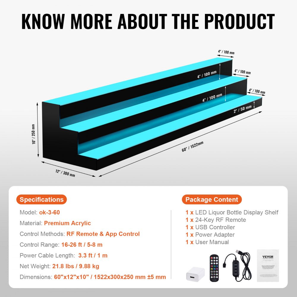 LED Lighted Liquor Bottle Display Bar Shelf RF & App Control 60" 3-Step