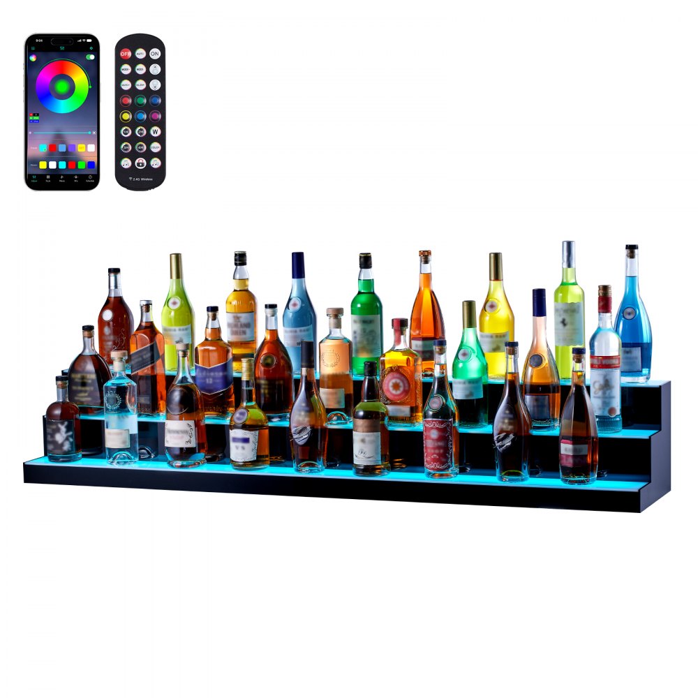 LED Lighted Liquor Bottle Display Bar Shelf RF & App Control 60" 3-Step