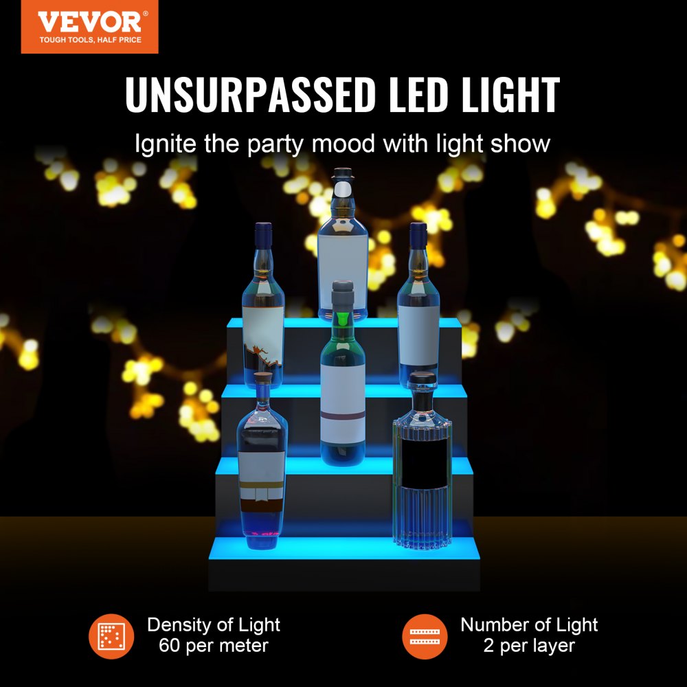 LED Lighted Liquor Bottle Display Bar Shelf RF & App Control 16" 4-Step