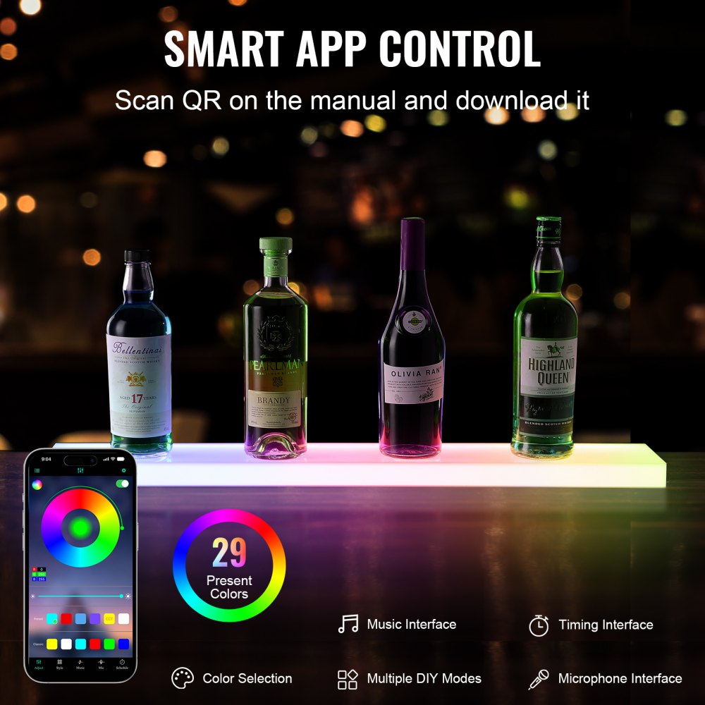 Wall Mounted LED Lighted Liquor Bottle Display Home Bar Shelf  30" 1-Step