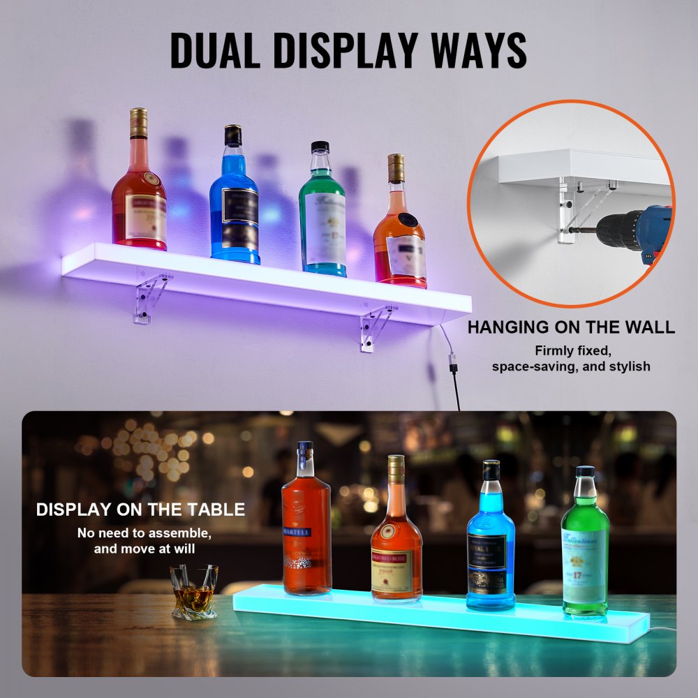 Wall Mounted LED Lighted Liquor Bottle Display Home Bar Shelf  30" 1-Step