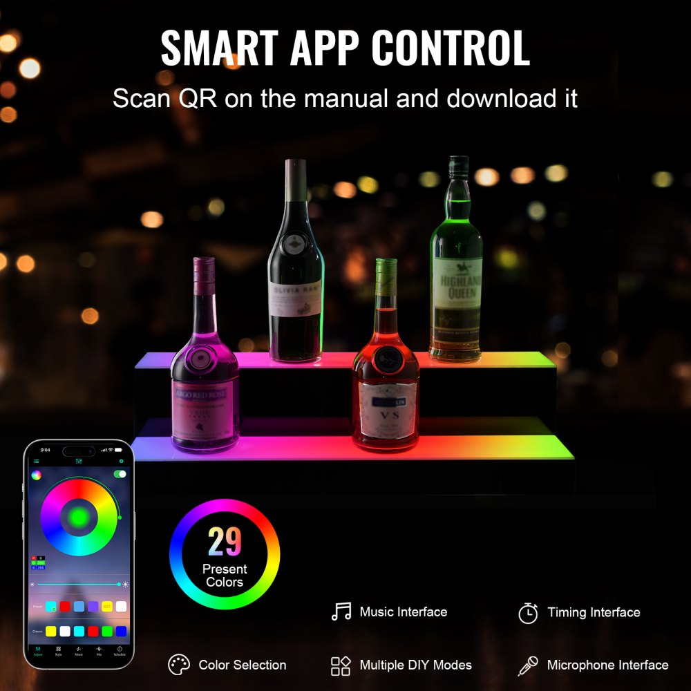 LED Lighted Liquor Bottle Display Bar Shelf RF & App Control 24" 2-Step