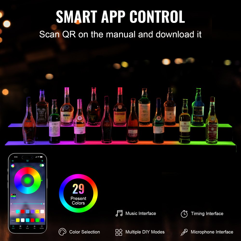 LED Lighted Liquor Bottle Display Bar Shelf RF & App Control 60" 2-Step