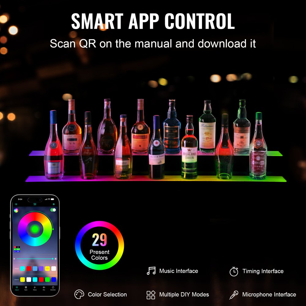 LED Lighted Liquor Bottle Display Bar Shelf RF & App Control 48" 2-Step