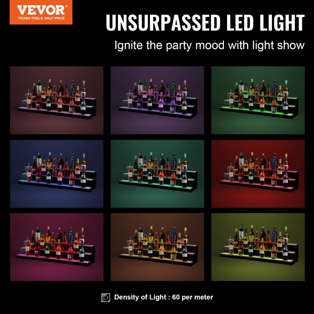 LED Lighted Liquor Bottle Display Bar Shelf RF & App Control 48" 3-Step