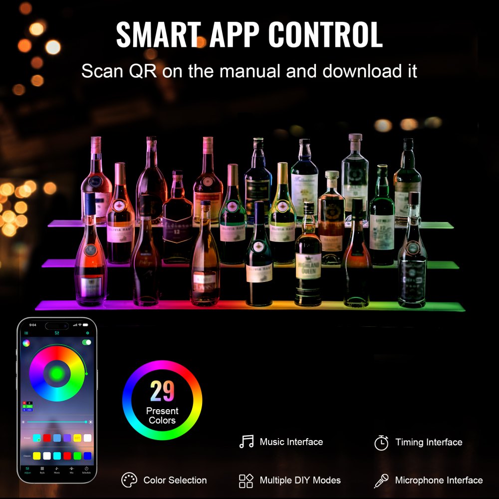 LED Lighted Liquor Bottle Display Bar Shelf RF & App Control 48" 3-Step
