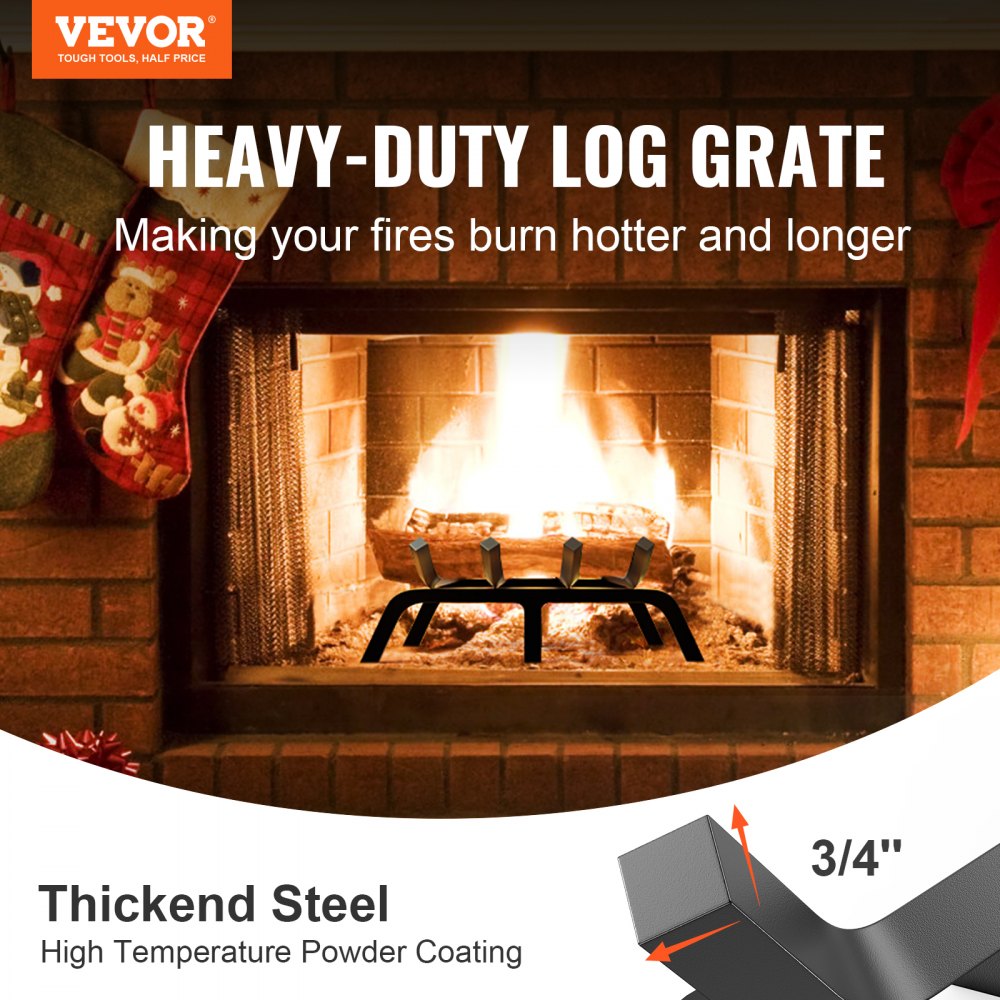 Fireplace Log Grate, 18 inch Heavy Duty Fireplace Grate with 6 Support Legs, 3/4’’ Solid Powder-coated Steel Bars, Log Firewood Burning Rack Holder for Indoor and Outdoor Fireplace
