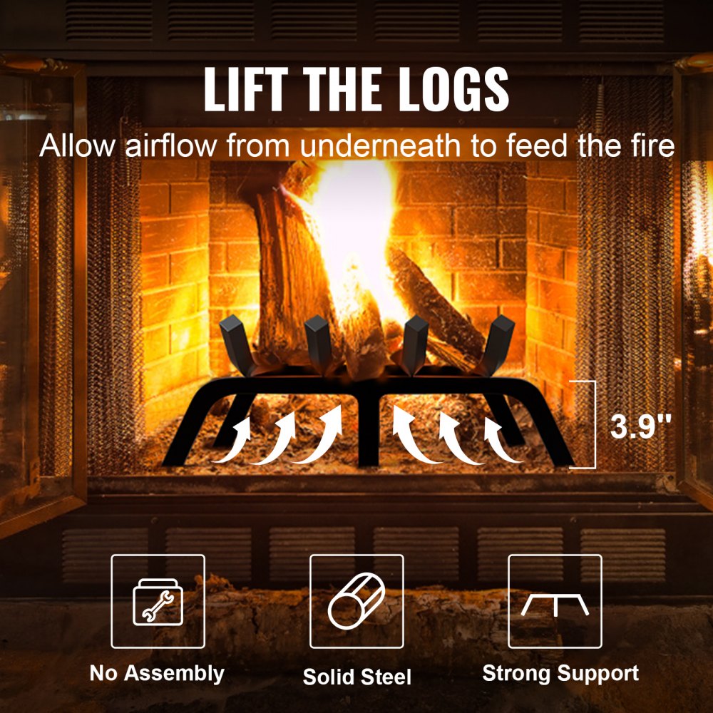 Fireplace Log Grate, 18 inch Heavy Duty Fireplace Grate with 6 Support Legs, 3/4’’ Solid Powder-coated Steel Bars, Log Firewood Burning Rack Holder for Indoor and Outdoor Fireplace