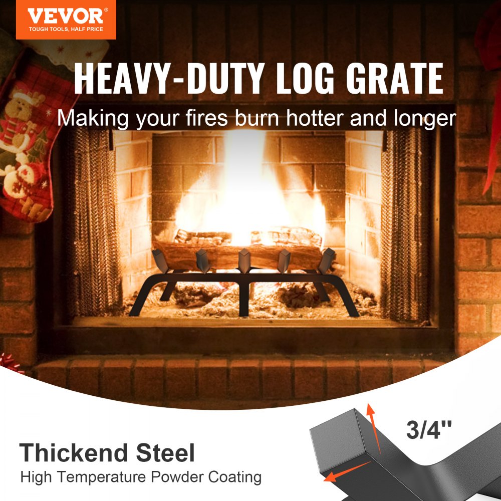 Fireplace Log Grate, 24 inch Heavy Duty Fireplace Grate with 6 Support Legs, 3/4’’ Solid Powder-coated Steel Bars, Log Firewood Burning Rack Holder for Indoor and Outdoor Fireplace