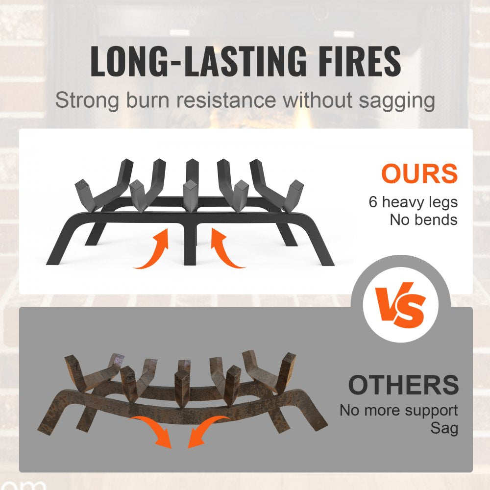 Fireplace Log Grate, 24 inch Heavy Duty Fireplace Grate with 6 Support Legs, 3/4’’ Solid Powder-coated Steel Bars, Log Firewood Burning Rack Holder for Indoor and Outdoor Fireplace
