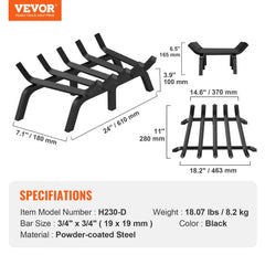Fireplace Log Grate, 24 inch Heavy Duty Fireplace Grate with 6 Support Legs, 3/4’’ Solid Powder-coated Steel Bars, Log Firewood Burning Rack Holder for Indoor and Outdoor Fireplace