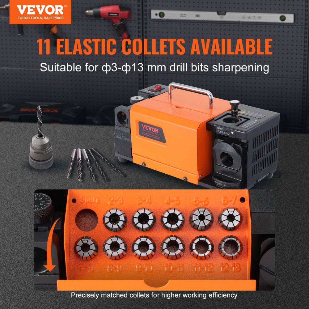 Bostome MR-13A drill bit sharpener with 11 collets for 3-13mm bits and angle adjustment.