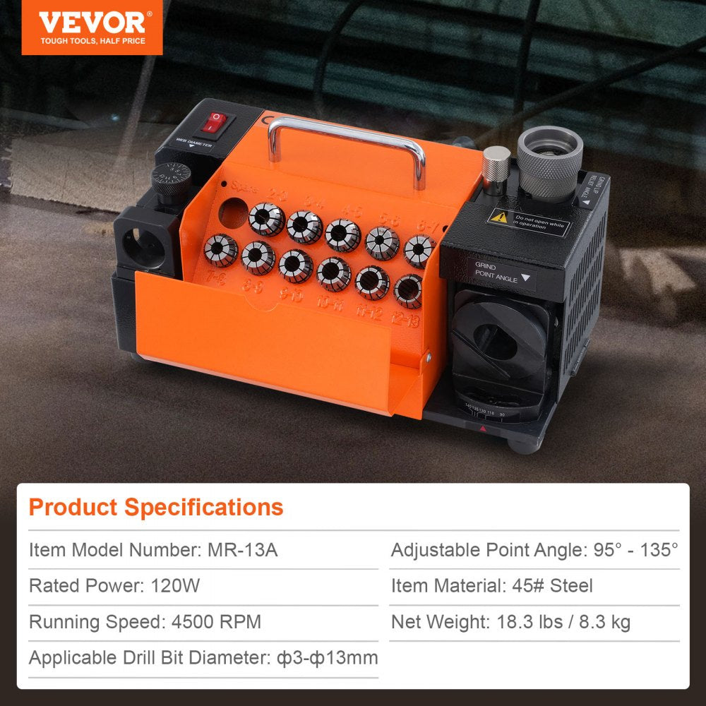 Bostome MR-13A drill bit sharpener with adjustable angle and 11 collets for various sizes.