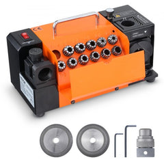 Orange and black Bostome MR-13B drill bit sharpener with 11 collets for 3-13mm bits, adjustable 95-135° angle, and included grinding wheels.