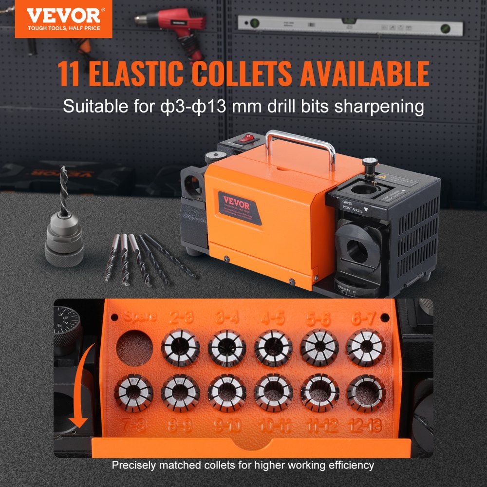 Orange Bostome MR-13B drill bit sharpener with 11 collets for 3-13mm bits and adjustable 95-135° angle.