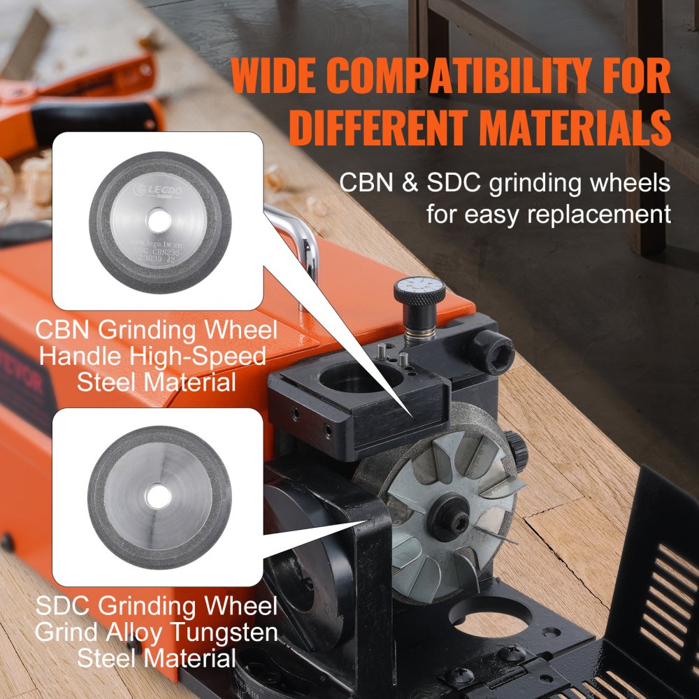 Drill bit sharpener with CBN and SDC grinding wheels for steel and alloy materials.