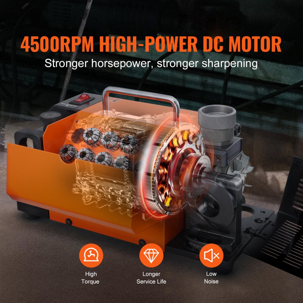 Bostome MR-13B drill bit sharpener with 4500 RPM DC motor, adjustable 95-135° angle, and self-centering collets for 3-13mm bits.