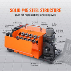 Orange Bostome MR-13B drill bit sharpener with adjustable 95-135° angle and 3-13mm collets.