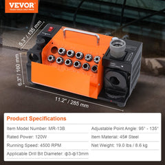 Orange Bostome MR-13B drill bit sharpener with self-centering collets and adjustable angle dial, dimensions shown.