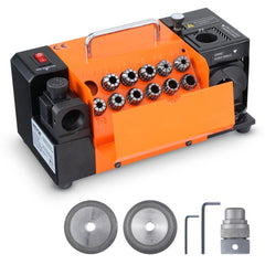Orange and black Bostome MR-13B drill bit sharpener with 11 collets for 3-13mm bits, adjustable angle, and included grinding wheels.