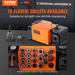 Bostome MR-20G drill bit sharpener with 18 collets for 3-20mm bits, shown with tools and accessories.
