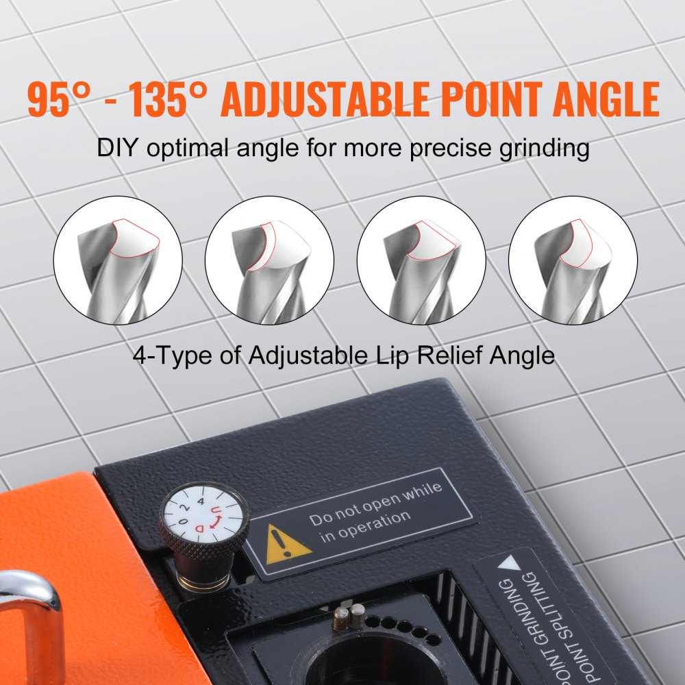 Bostome MR-20G drill bit sharpener with 18 collets for 3-20mm bits, showing adjustable 95-135° point angle and four lip relief types.