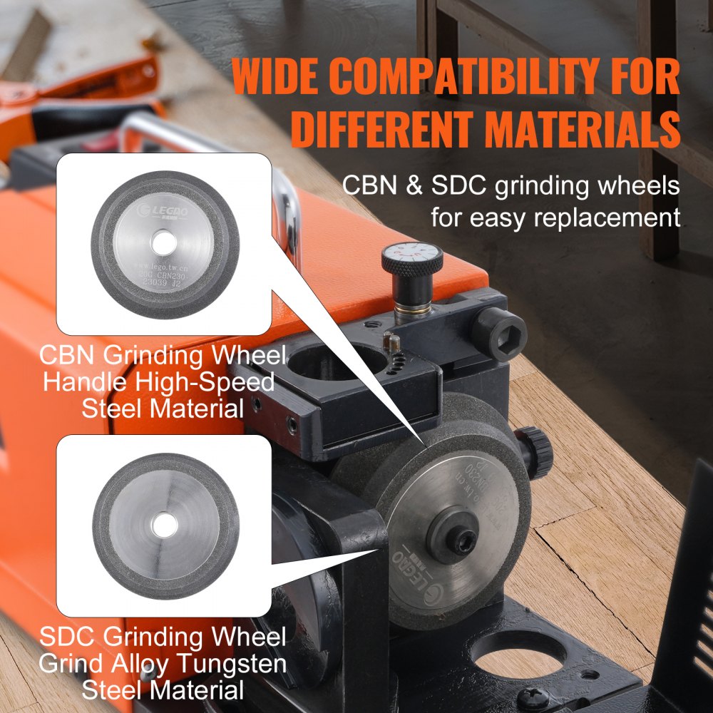 Drill bit sharpener with CBN and SDC grinding wheels for steel and tungsten materials.
