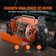Orange Bostome MR-20G drill bit sharpener with 18 collets, 4500 RPM motor, and high torque features.