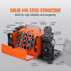 Bostome MR-20G drill bit sharpener with 18 collets for 3-20mm bits, featuring adjustable angles and motor.