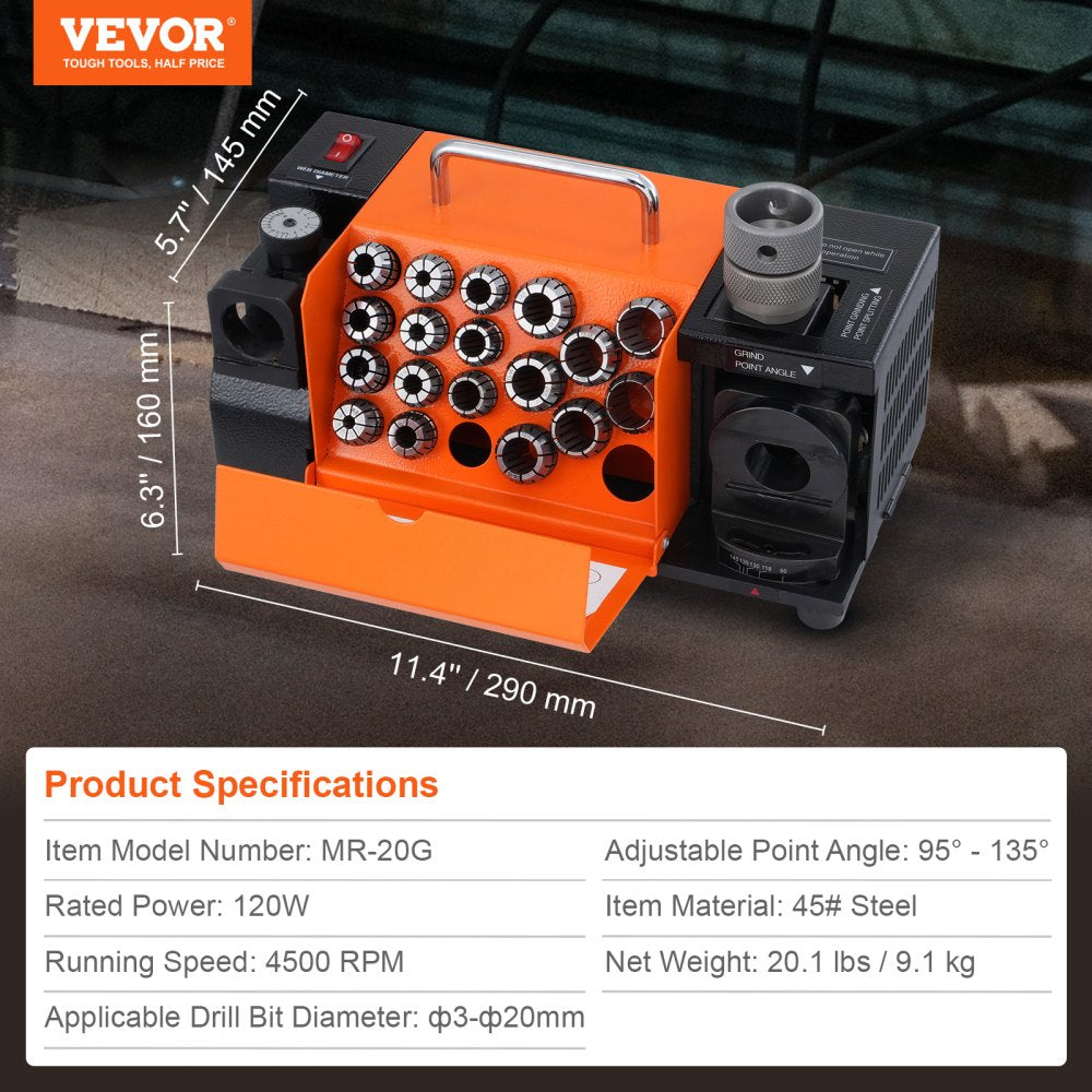 Orange Bostome MR-20G drill bit sharpener with 18 collets for 3-20mm bits, dimensions 11.4x5.7x6.3 inches.