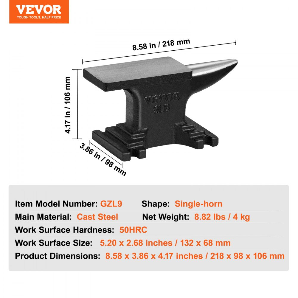 Compact single-horn cast steel anvil, 8.8 lbs, with 50 HRC surface and 132x68mm face.