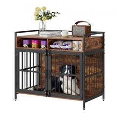 A rustic brown wooden dog crate furniture, 41 inches wide, with storage shelves, dual doors, and a Bernese mountain dog inside.