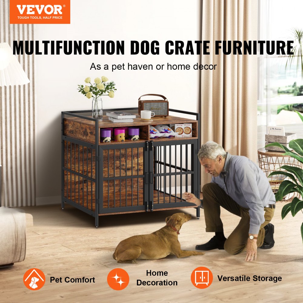 A 41-inch rustic brown wooden dog crate furniture with storage shelves and a secure enclosure for pets up to 70 lbs.