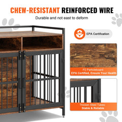 41-inch rustic brown wooden dog crate furniture with storage shelves and reinforced wire doors.