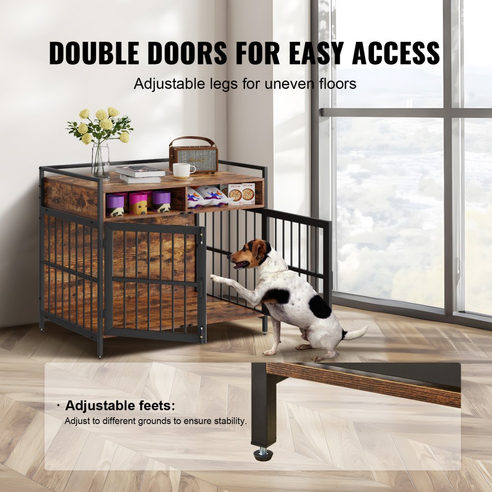 Rustic brown 41-inch wooden dog crate furniture with double doors, storage shelves, and adjustable feet.