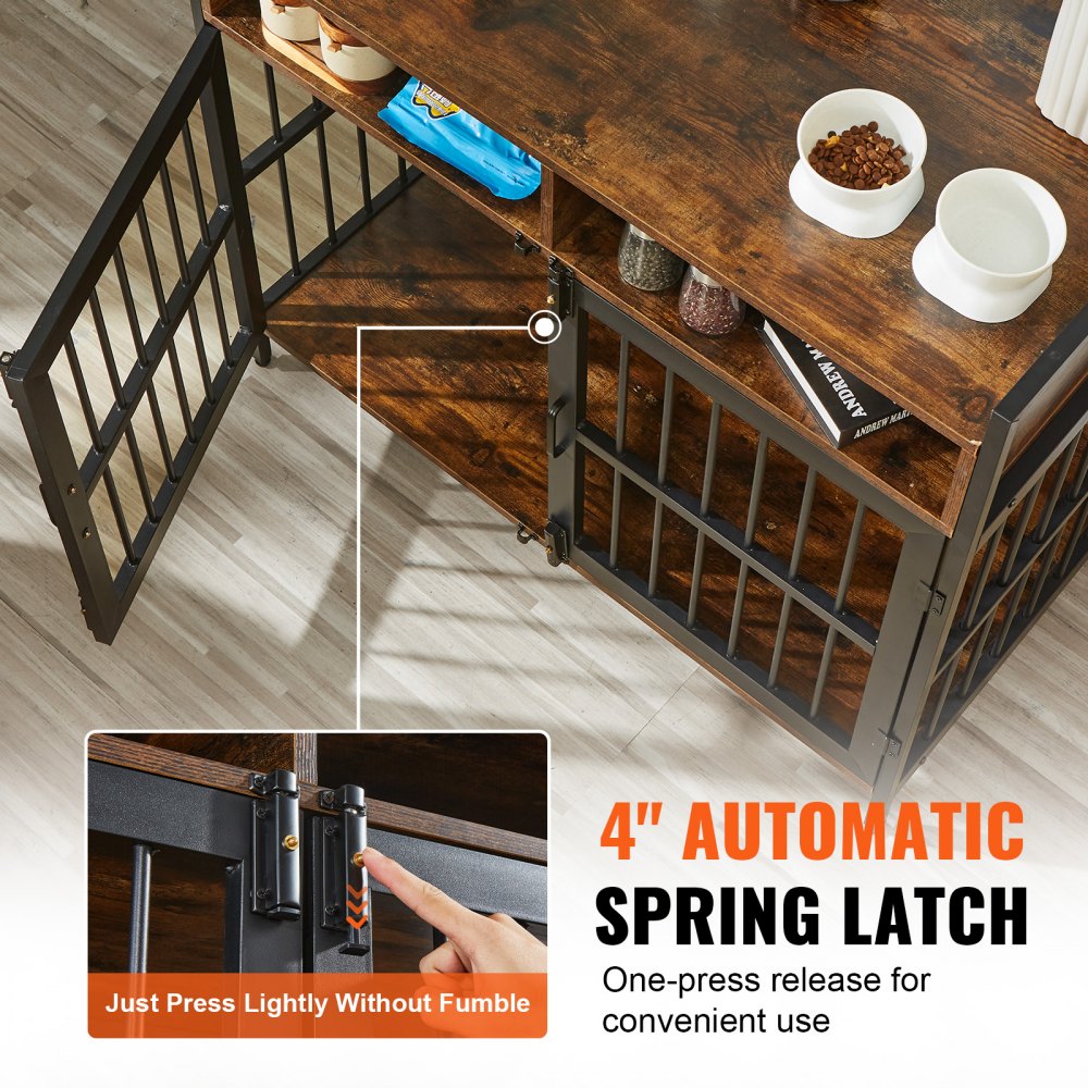 41-inch rustic brown wooden dog crate furniture with open doors, storage shelves, and one-press spring latch.
