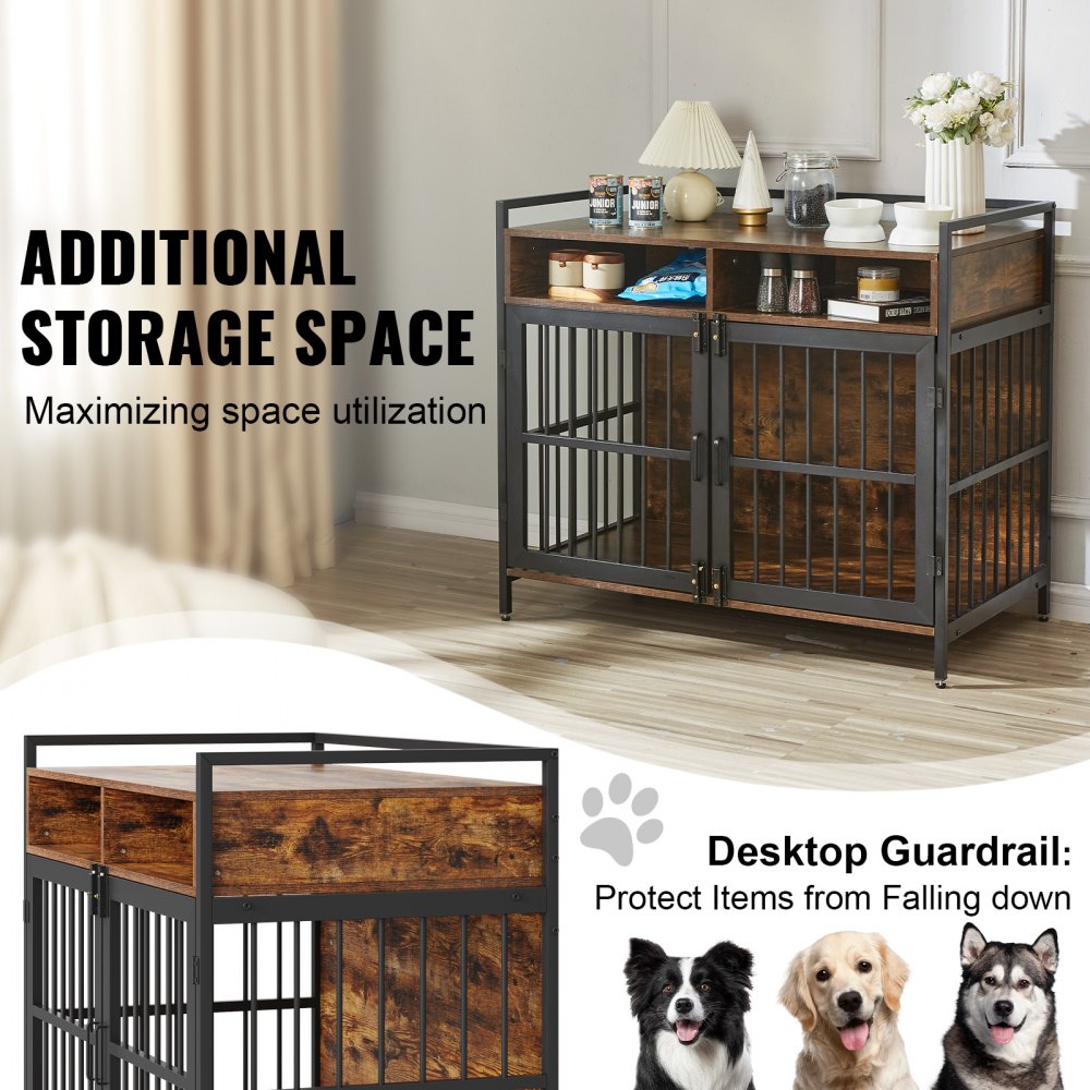 41-inch rustic brown wooden dog crate furniture with shelves and storage compartments.