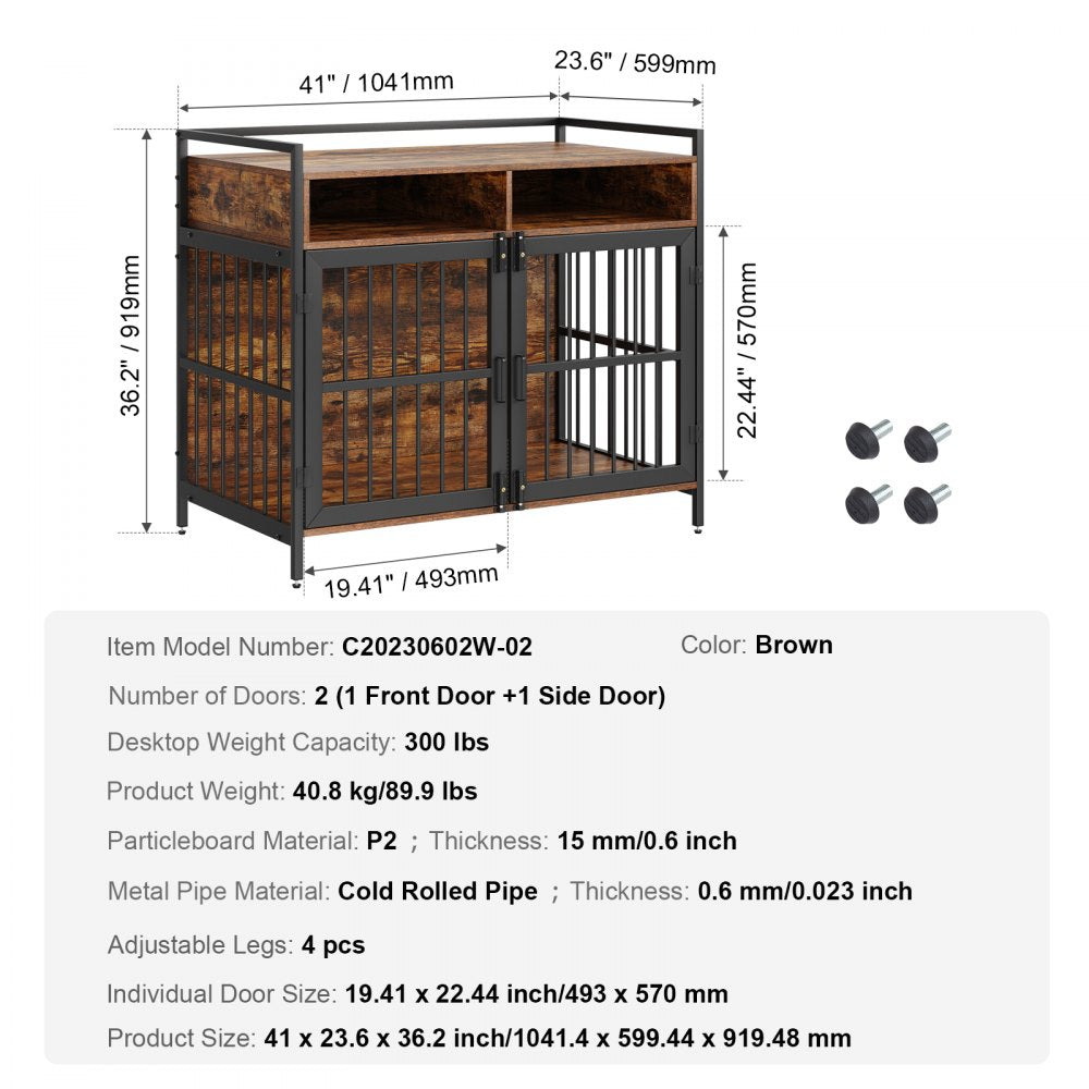 41-inch rustic brown wooden dog crate furniture with storage and dual doors.