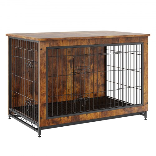 Rustic brown wooden dog crate furniture, 38.6 inches, with double doors and side table top.