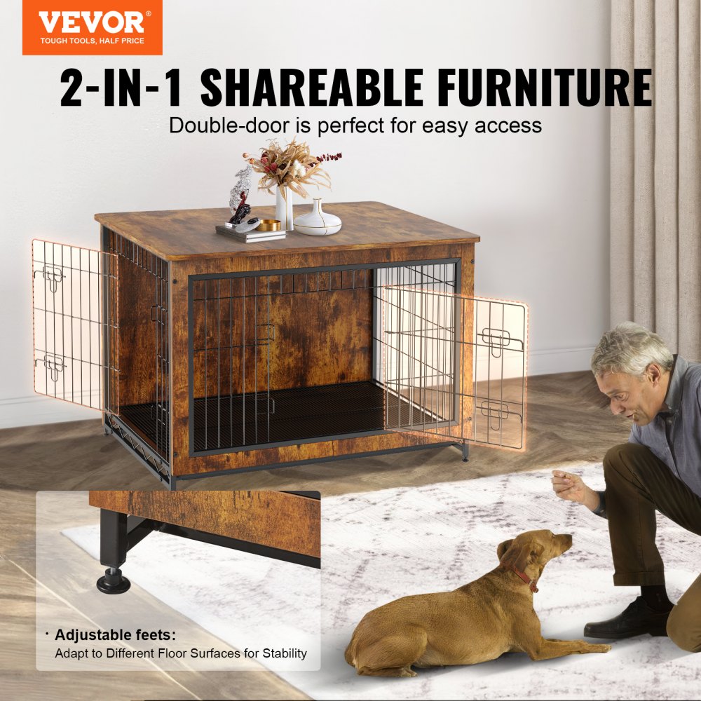 Rustic brown wooden dog crate furniture with double doors and a side table top.