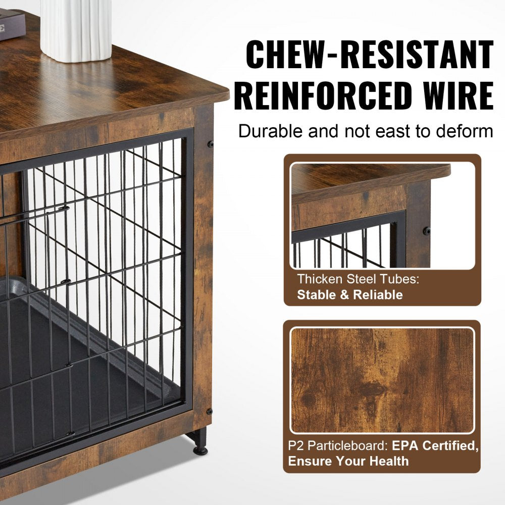 Rustic brown wooden dog crate furniture with double doors and side table top, 38.6 inches wide.