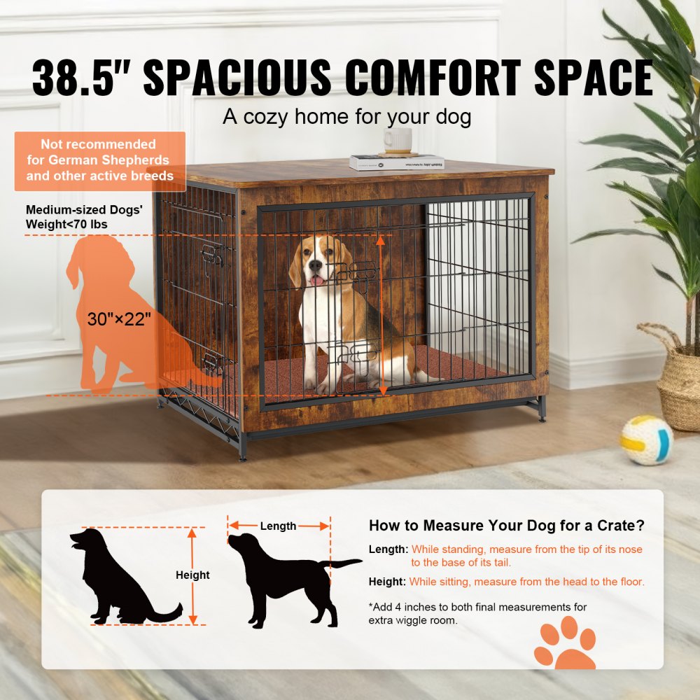 38.6-inch rustic brown wooden dog crate furniture with double doors and a beagle inside.