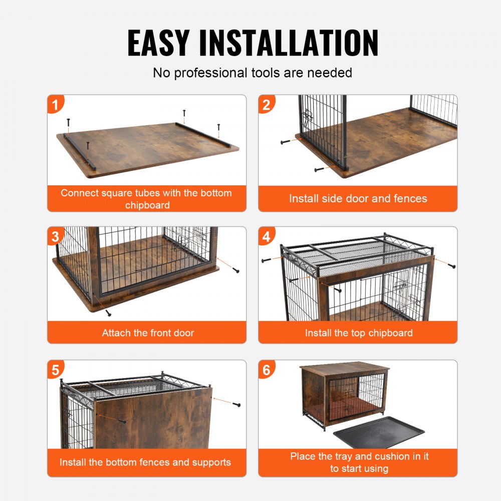 Step-by-step installation guide for a 38.6-inch rustic brown wooden dog crate furniture with double doors.