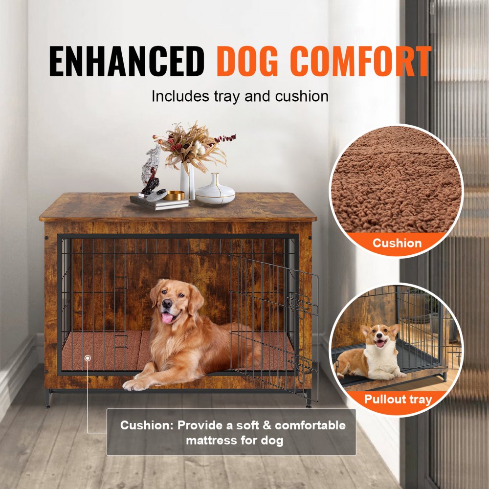 Rustic brown wooden dog crate furniture with double doors, cushion, and tray for a golden retriever.